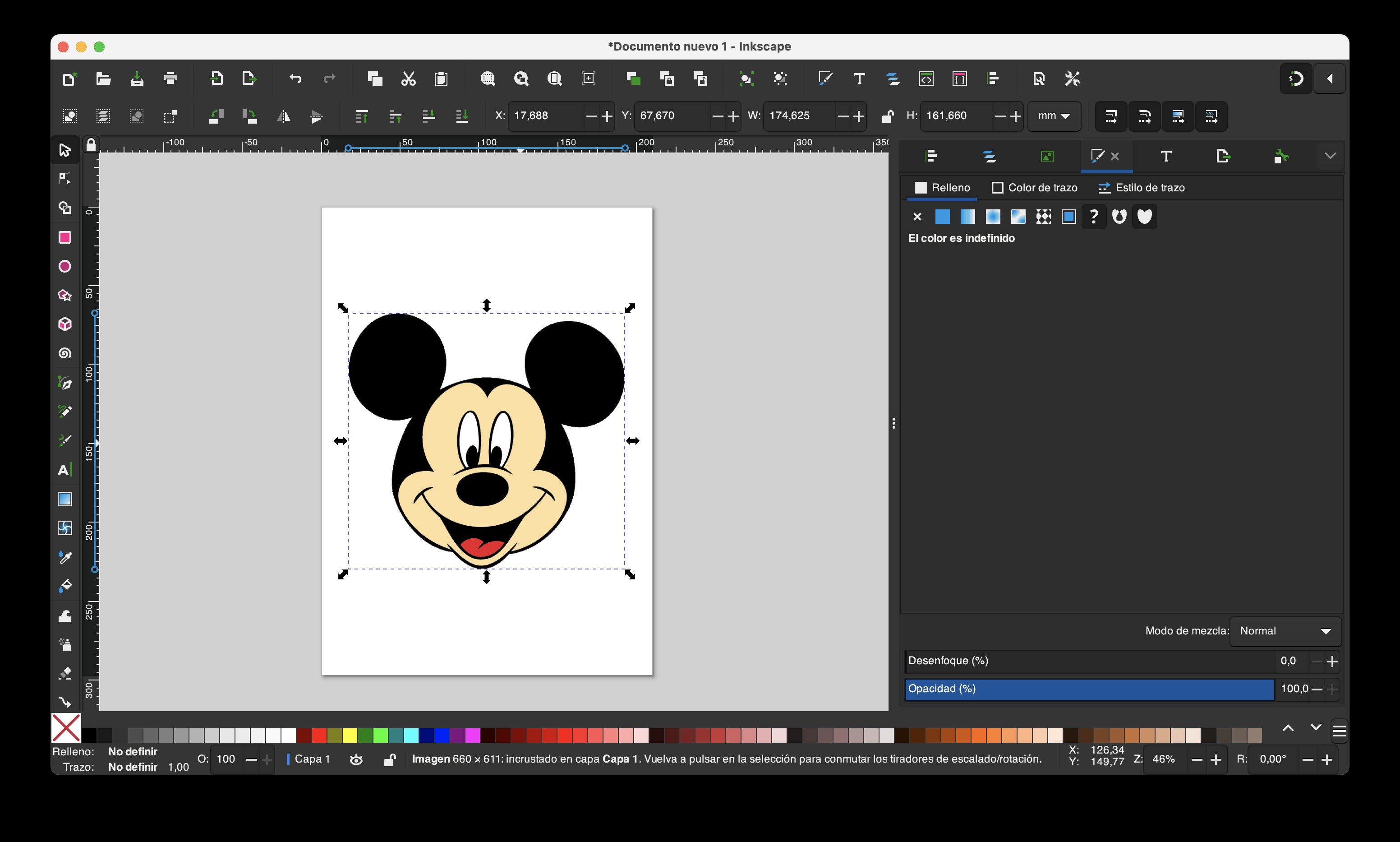imagen de Mickey Mouse incorporada al lienzo de Inkscape