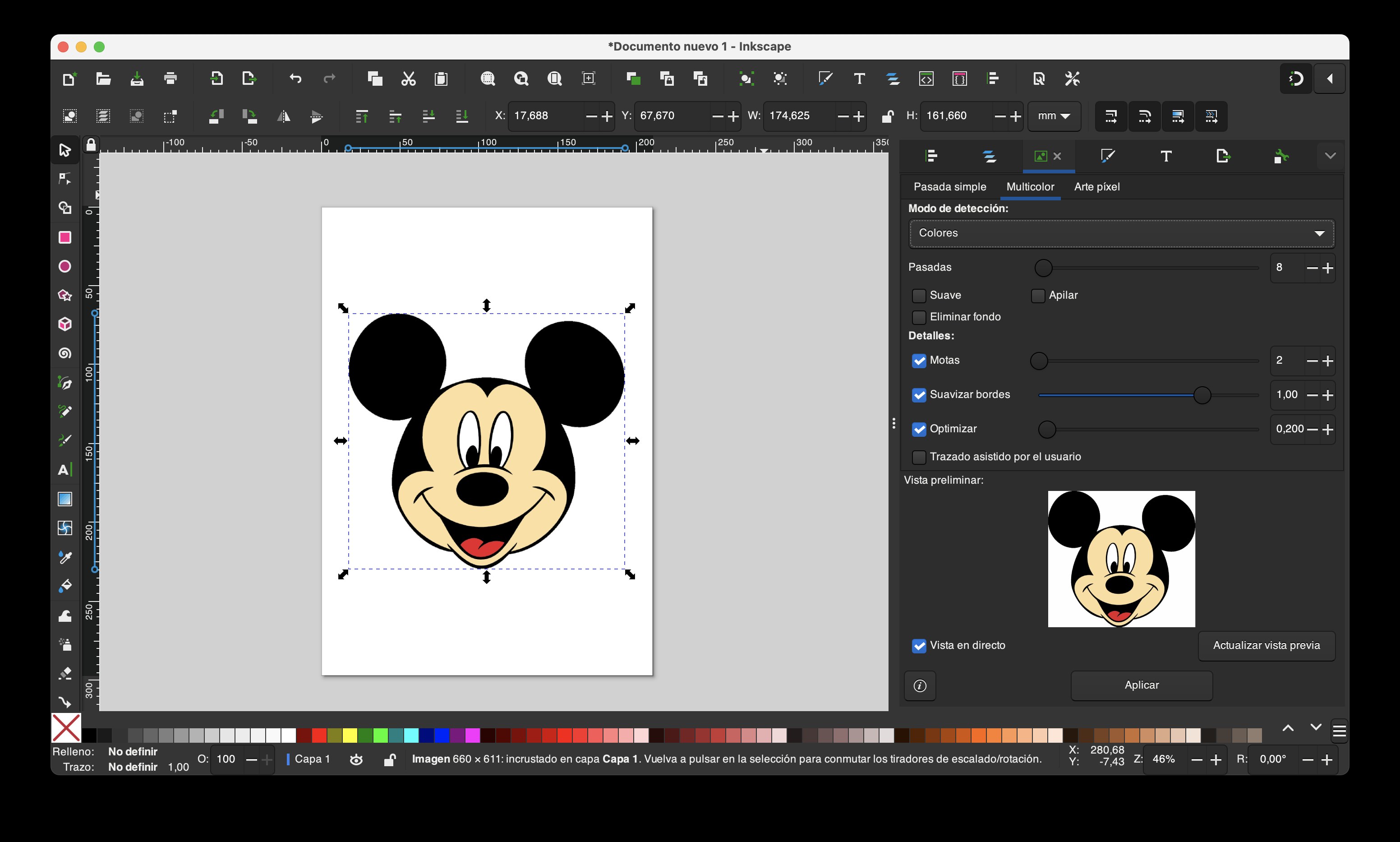 ventana de Vectorizar mapa de bits con la opción multicolor y modo de detección por colores