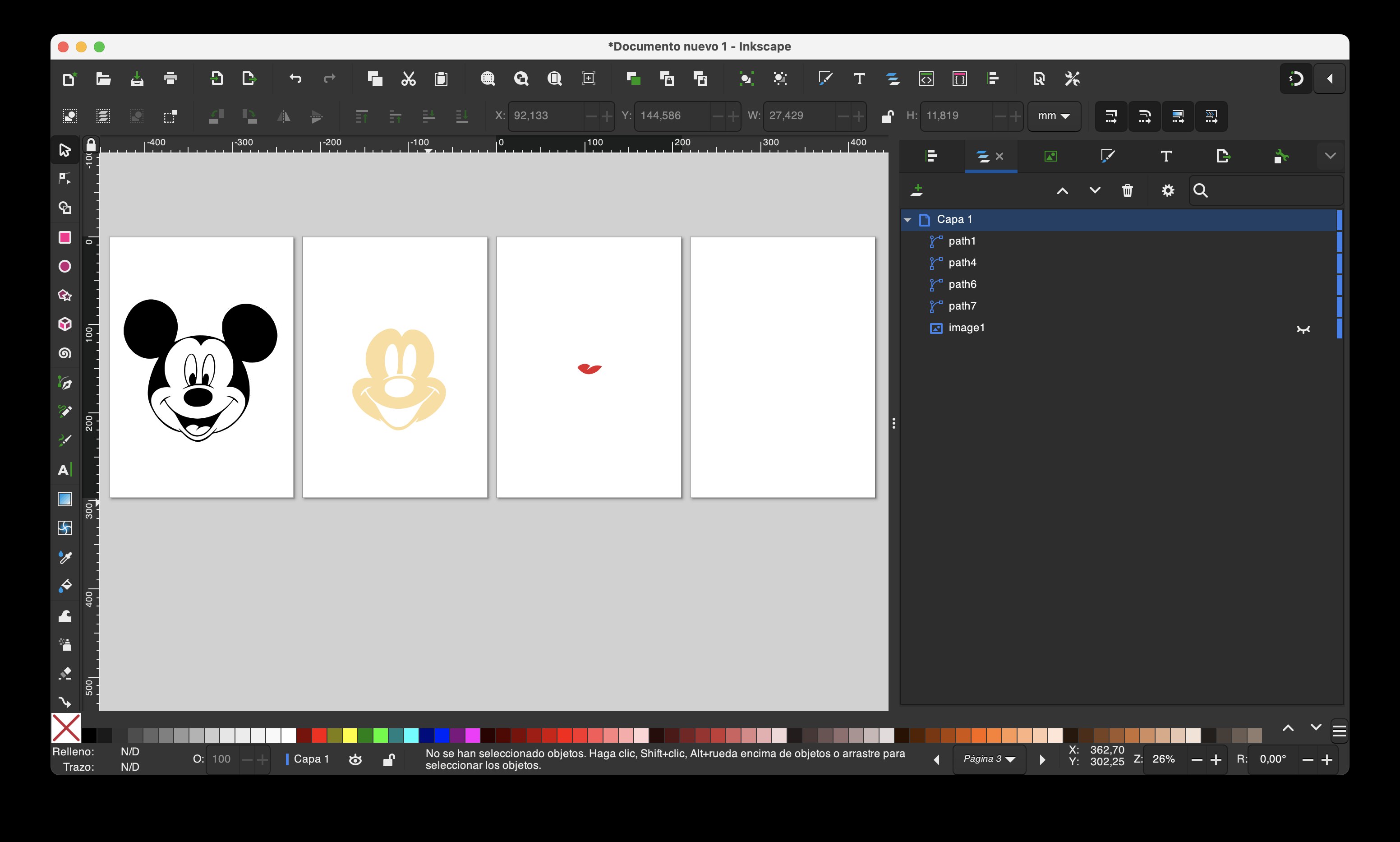cuatro páginas de Inkscape, una por color: negro, blanco, carne y rojo