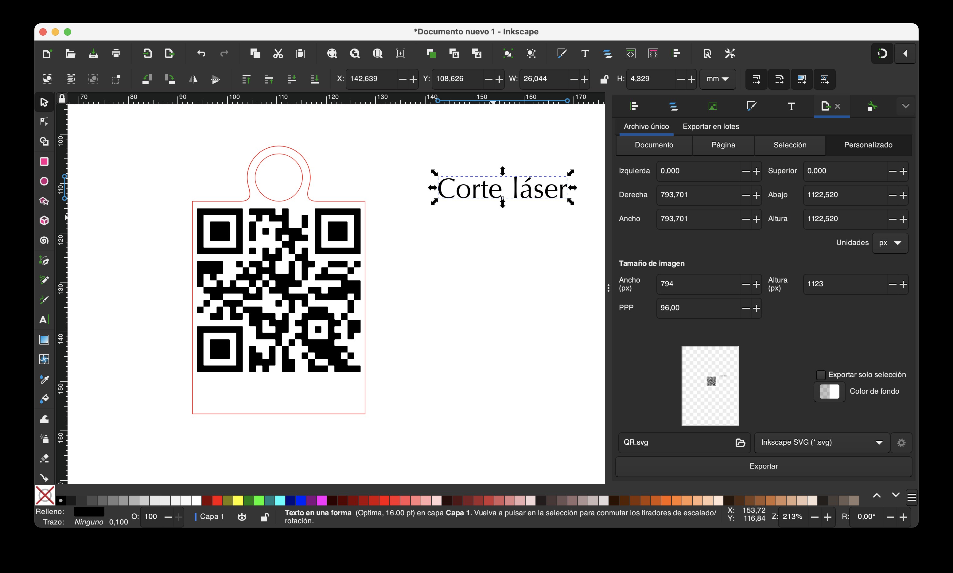 QR y texto acomodados dentro del contorno del llavero