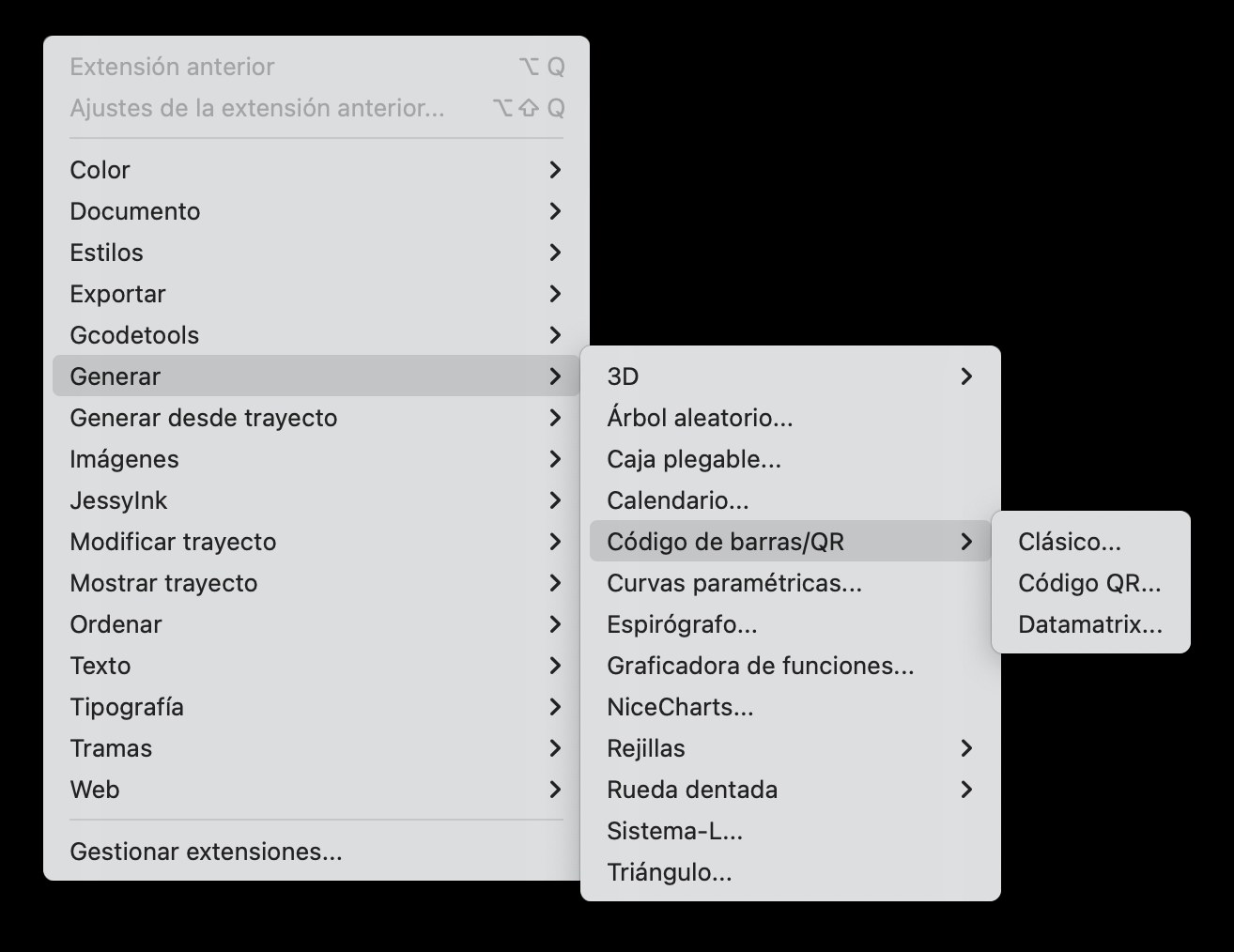 menú Extensiones > Generar > Código de barras/QR > Código QR en Inkscape