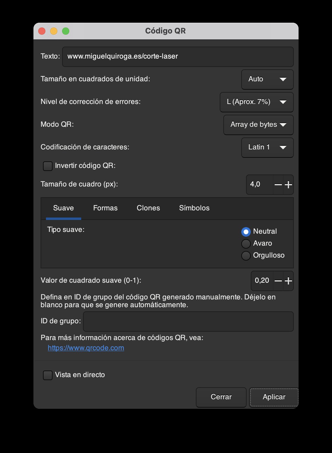 ventana de Inkscape para introducir la web a la que redirige el QR