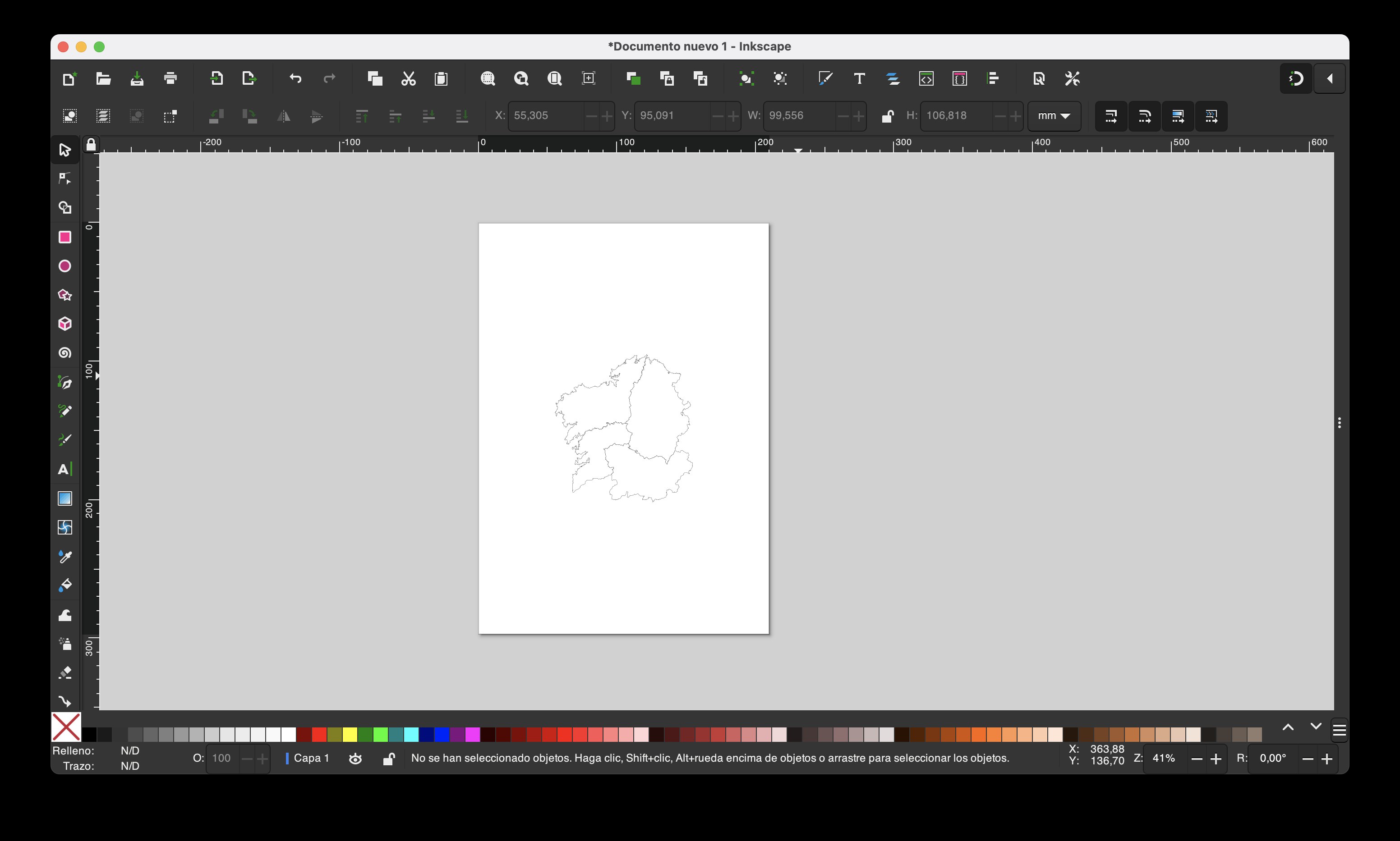 mapa de Galicia importado al lienzo de Inkscape