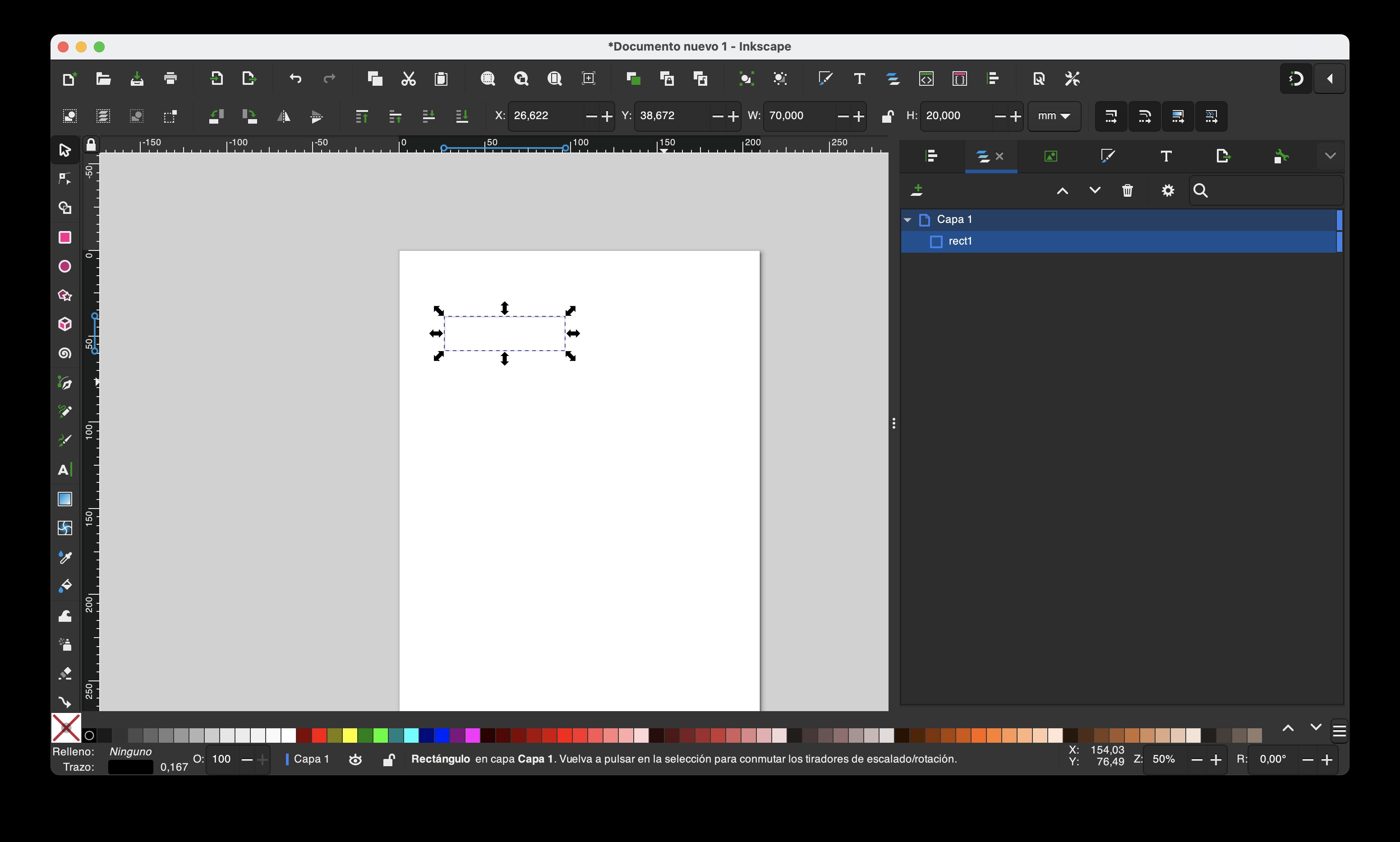 rectángulo de 70x20 mm dibujado en Inkscape
