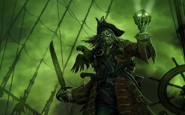 Ilustración de un capitán pirata esqueleto en la cubierta de un barco